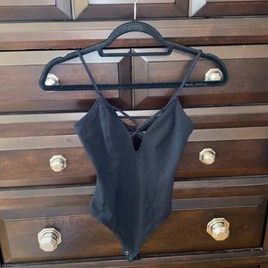 Express Black V Neck Open Back Bodysuit